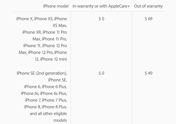 How much does Apple charge for battery replacement?