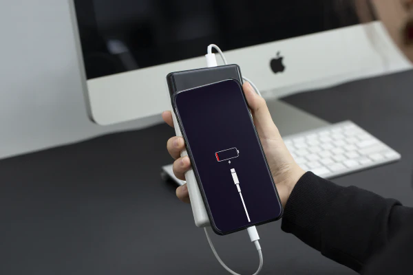 holding both the cell phone and mobile power bank